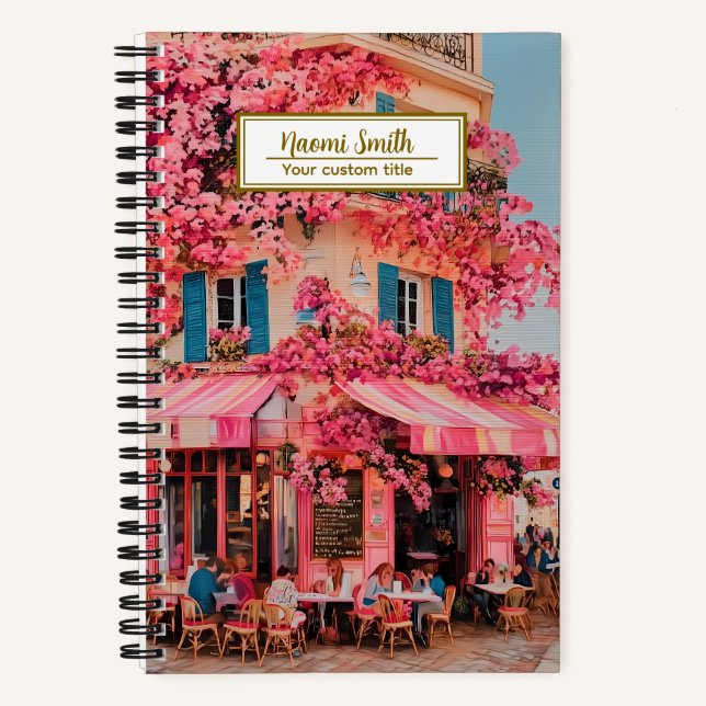 Custom Name/title Notebook – Pink Flower Café  (Front)