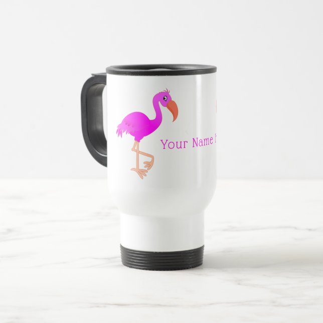 Custom Name Travel Mug with Pink Flamingos (Front Left)