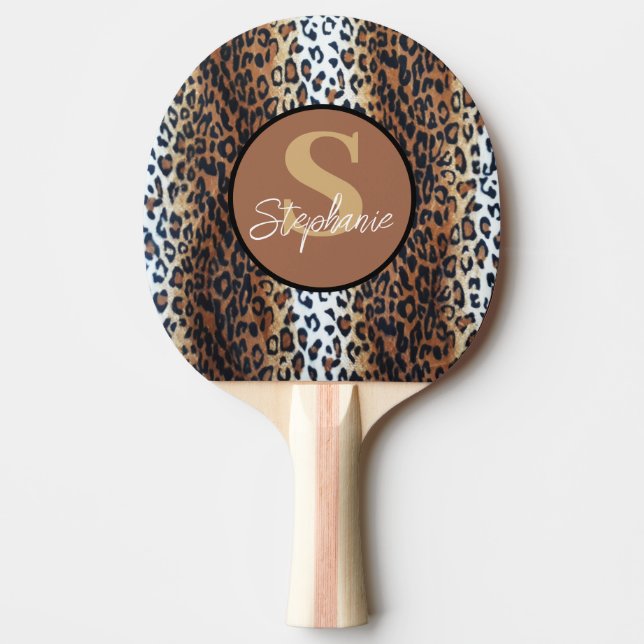 Custom Name Trendy Brown Black White Leopard Ping Pong Paddle (Front)