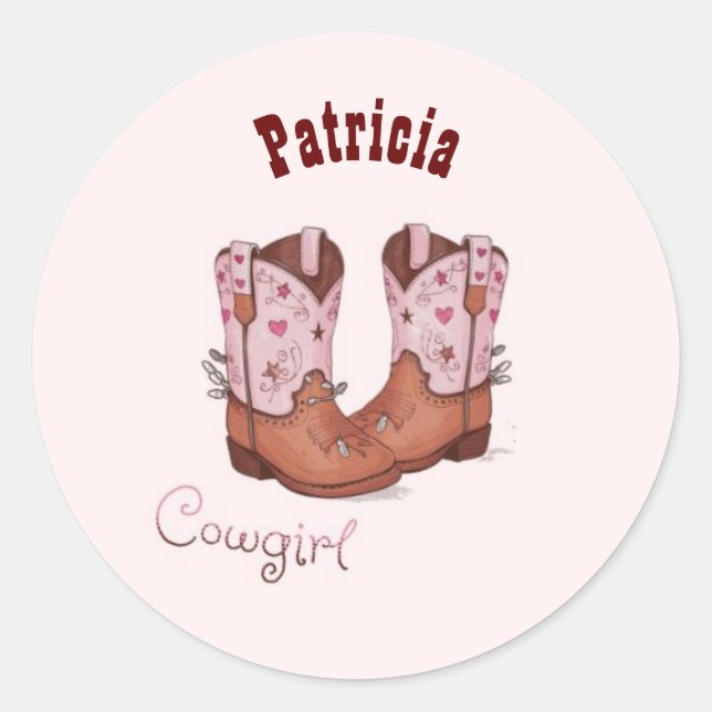 Custom Name Trendy Cute CowGirl Boots Pink  Classic Round Sticker (Front)