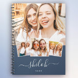 Custom Name Trendy Modern Script 4 Photo Collage Notebook<br><div class="desc">Unique custom gift with 4 favourite photos in a modern photo collage notebook with your name in a trendy hand written script and year below on a dusty blue backdrop. Sweet little personal gift for teens, kids, or besties! Your style, your notebook! Personalise with a trendy modern script, and 4...</div>