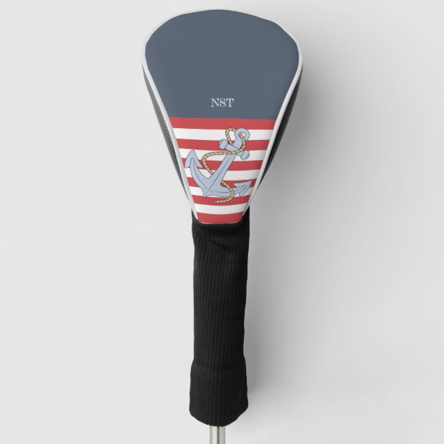 Custom name Trendy Nautical Anchor Navy Red Golf Head Cover (Front)