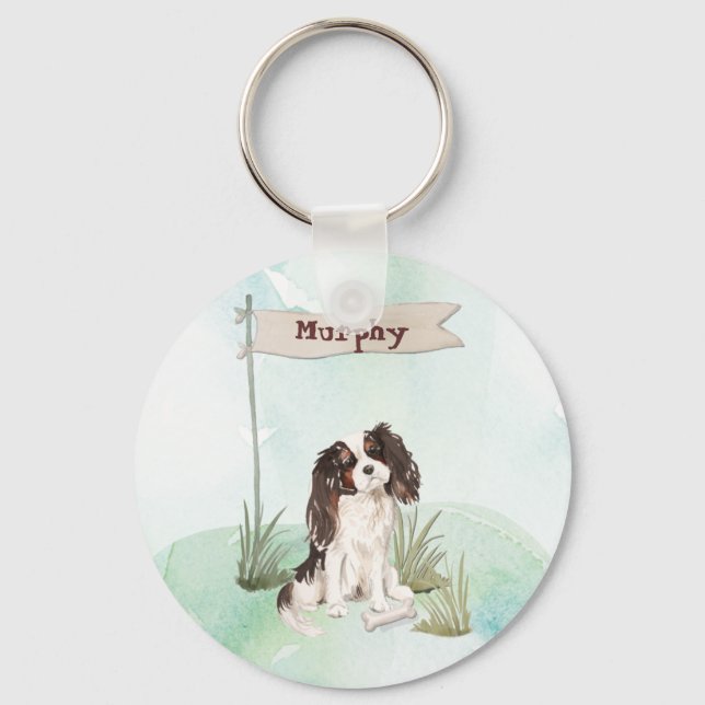 Custom Name Tri Colour King Charles Spaniel  Key Ring (Front)