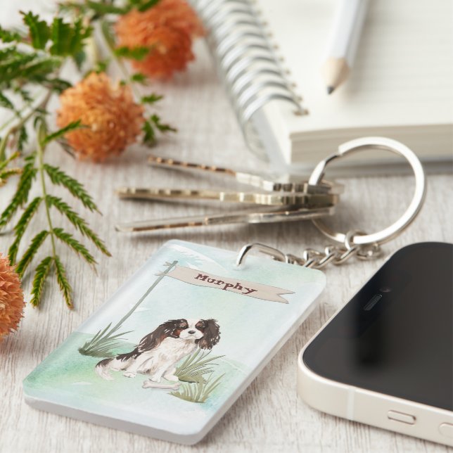 Custom Name Tri Colour King Charles Spaniel  Key Ring (Front Right)