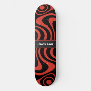Custom Name Trippy Wavy 70s Retro Red and Black Skateboard