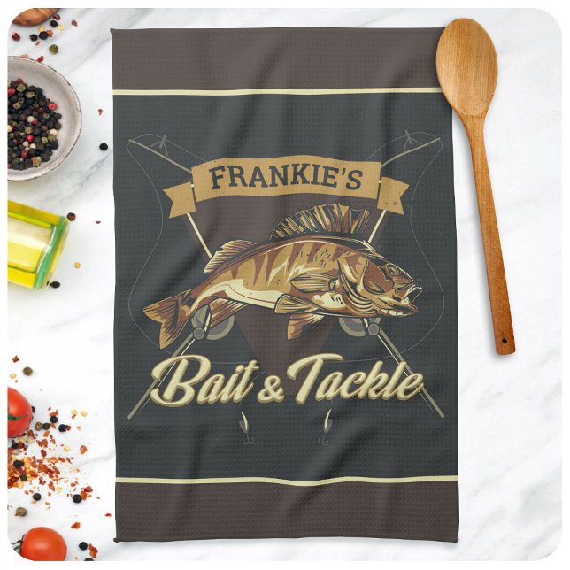 Custom NAME Trophy Fishing Angler Bait Tackle Shop Tea Towel (Creator Uploaded)