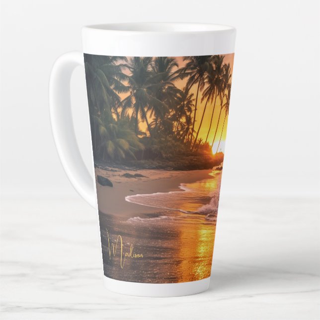 Custom Name Tropical Beach Sunset Latte Mug (Left Angle)