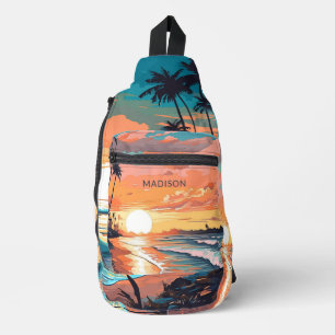 Custom Name Tropical Beach Sunset Sling Bag