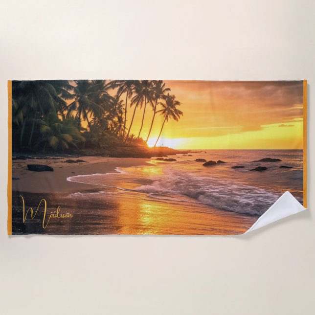 Custom Name Tropical Beach Sunset Towel (Front)