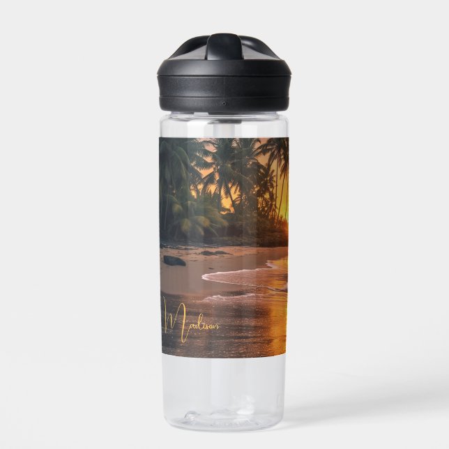 Custom Name Tropical Beach Sunset Water Bottle (Front)