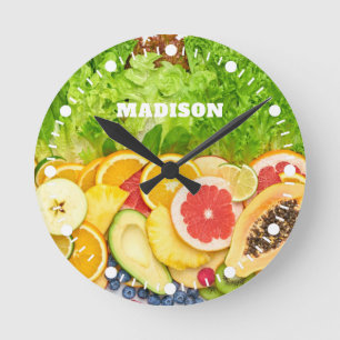 Custom Name Tropical Fruits Round Clock