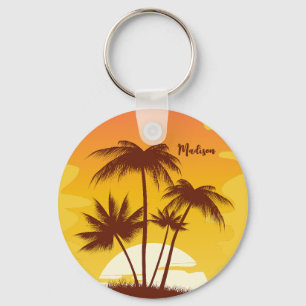 Custom Name Tropical Island Sunset Key Ring