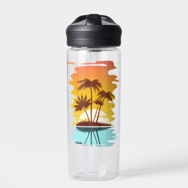 Custom Name Tropical Island Sunset Water Bottle (Front)