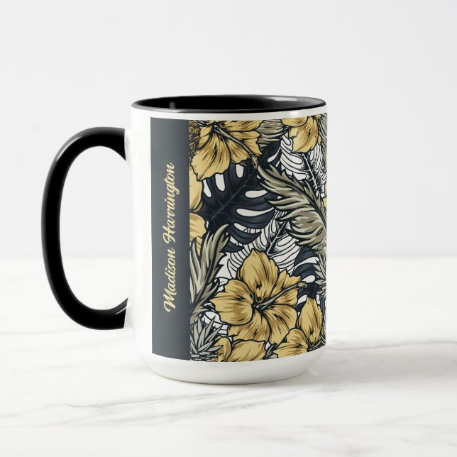 Custom Name Tropical Leafs and Flowers Pattern Mug (Left)