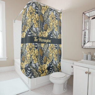 Custom Name Tropical Leafs and Flowers Pattern Shower Curtain
