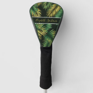 Custom Name Tropical Palm Leaves on Black Bold Golf Head Cover