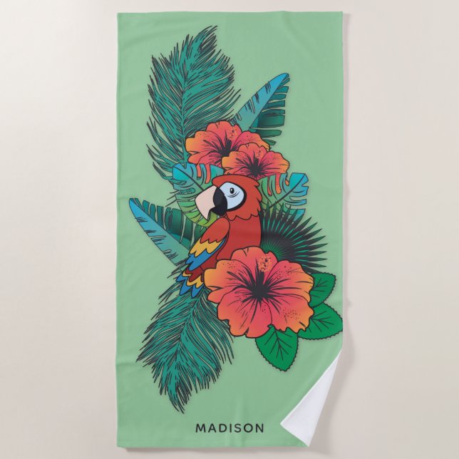 Custom name Tropical Parrot Beach Towel (Front)