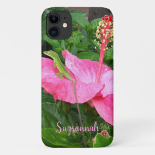 Custom Name Tropical Pink Hibiscus Anole Lizard Case-Mate iPhone Case