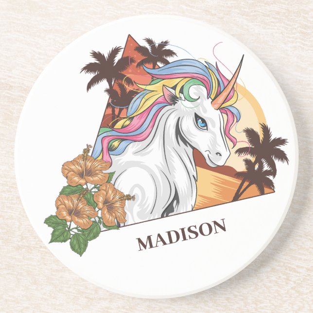 Custom Name Tropical Unicorn Coaster (Front)