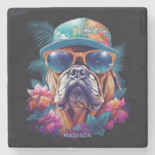 Custom Name Tropical Vacation Dog Stone Coaster