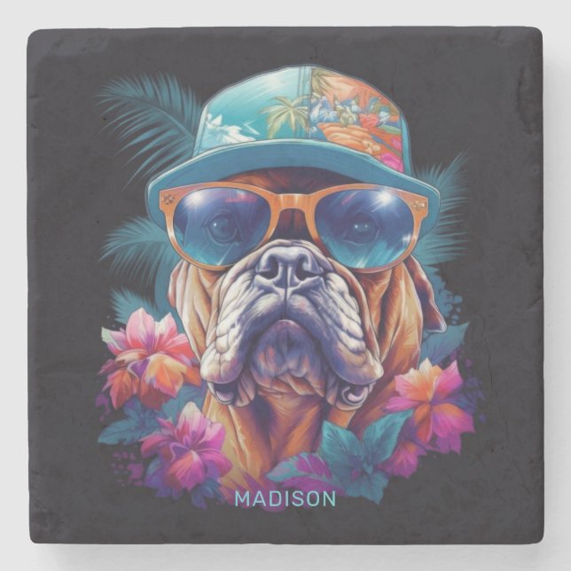 Custom Name Tropical Vacation Dog Stone Coaster (Front)