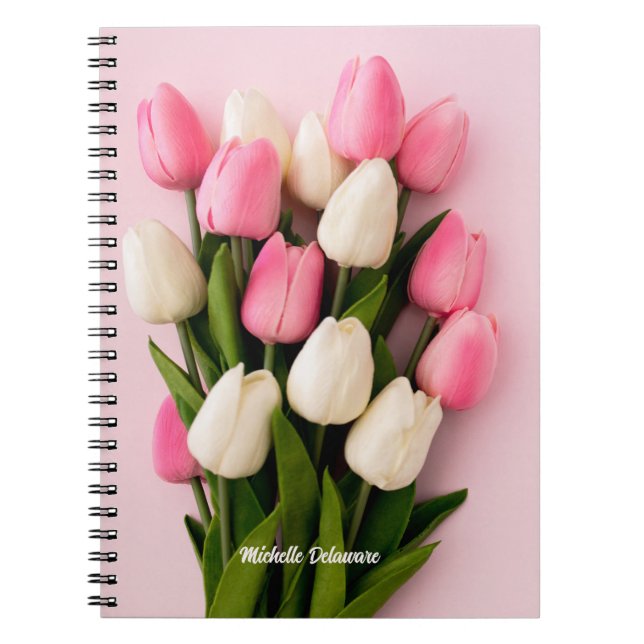 Custom Name Tulips on Pink Notebook (Front)