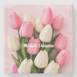 Custom Name Tulips on Pink Stone Coaster