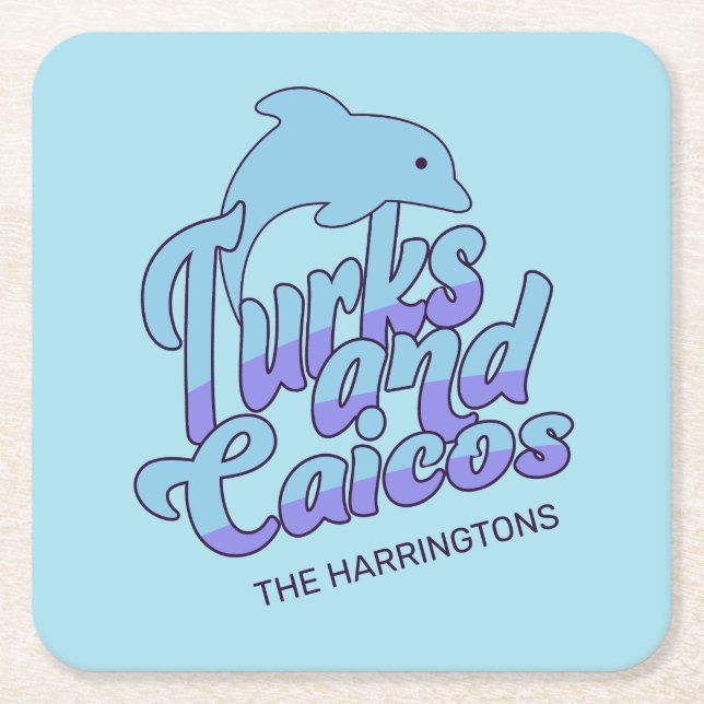 Custom Name Turks and Caicos Dolphin Square Paper Coaster (Front)