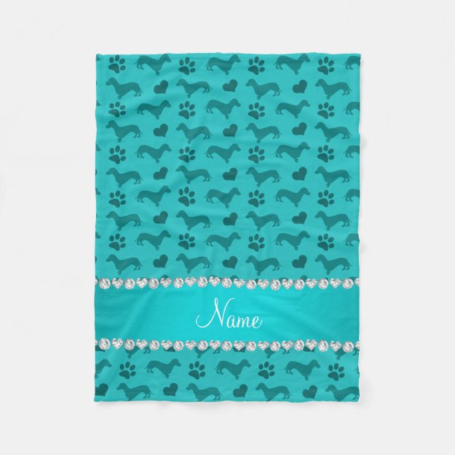 Custom name turquoise dachshunds hearts paws fleece blanket (Front)