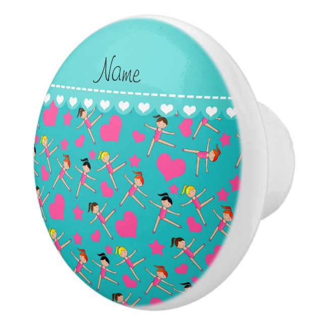 Custom name turquoise girl gymnasts hearts stars ceramic knob (Right)