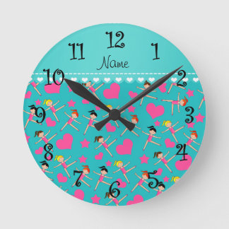 Custom name turquoise girl gymnasts hearts stars round clock