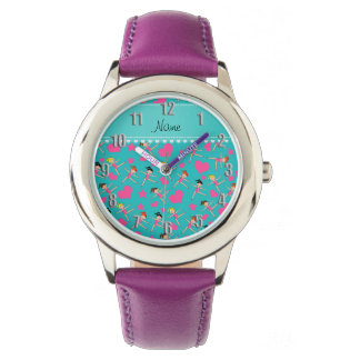 Custom name turquoise girl gymnasts hearts stars watch