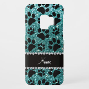 Custom name turquoise glitter black dog paws Case-Mate samsung galaxy s9 case