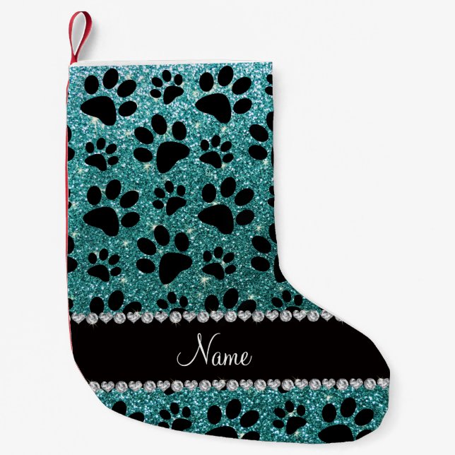 Custom name turquoise glitter black dog paws small christmas stocking (Front)