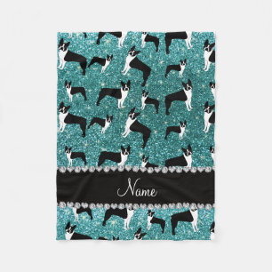 Custom name turquoise glitter boston terrier fleece blanket