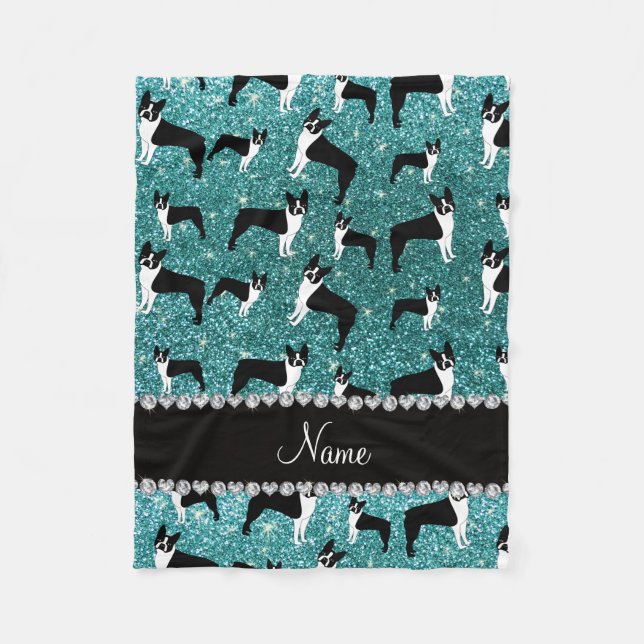 Custom name turquoise glitter boston terrier fleece blanket (Front)