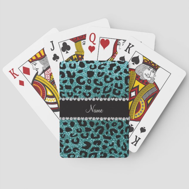 Custom name turquoise glitter cheetah print playing cards (Back)
