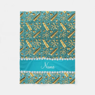 Custom name turquoise glitter gold lipstick fleece blanket