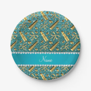 Custom name turquoise glitter gold lipstick paper plate