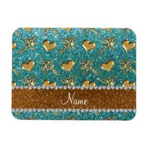 Custom name turquoise glitter gold roses hearts magnet