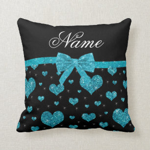 Custom name turquoise glitter hearts bow cushion