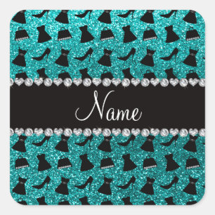 Custom name turquoise glitter high heels dress pur square sticker