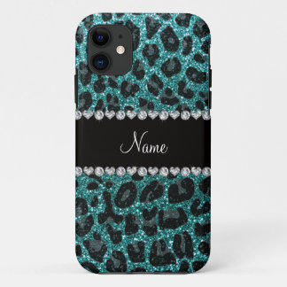 Custom name turquoise glitter leopard print iPhone 11 case