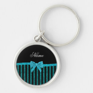 Custom name turquoise glitter stripes bow key ring