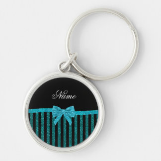 Custom name turquoise glitter stripes bow key ring