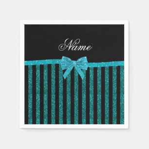 Custom name turquoise glitter stripes bow napkin