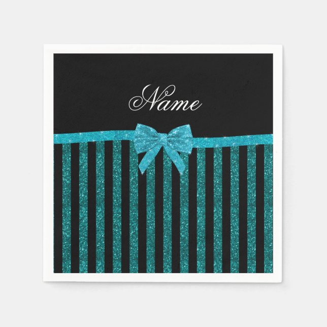 Custom name turquoise glitter stripes bow napkin (Front)