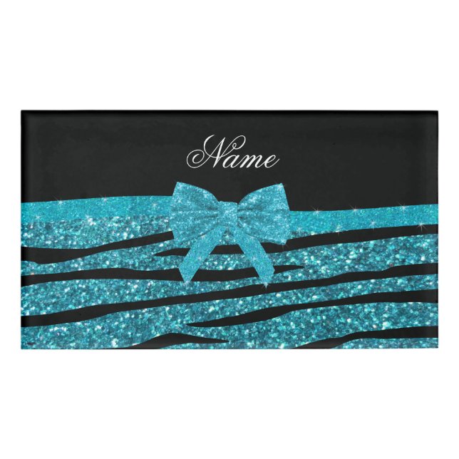 Custom name turquoise glitter zebra stripes bows tag (Front)