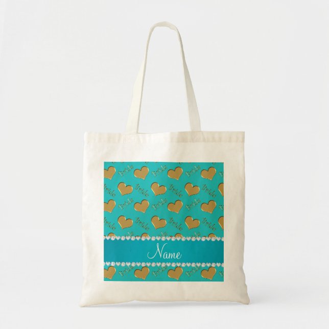 Custom name turquoise gold bride hearts tote bag (Front)