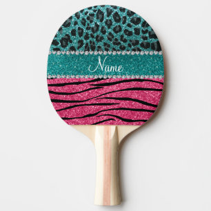 Custom name turquoise leopard pink glitter zebra ping pong paddle